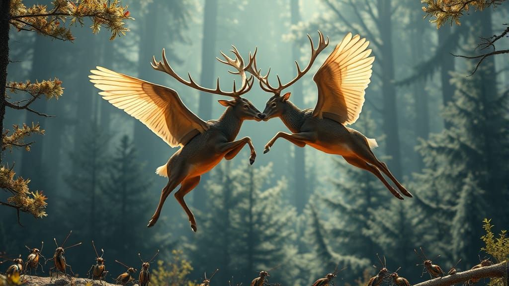 Epic Flying Deer Combat in a Fantastical Forest Landscape