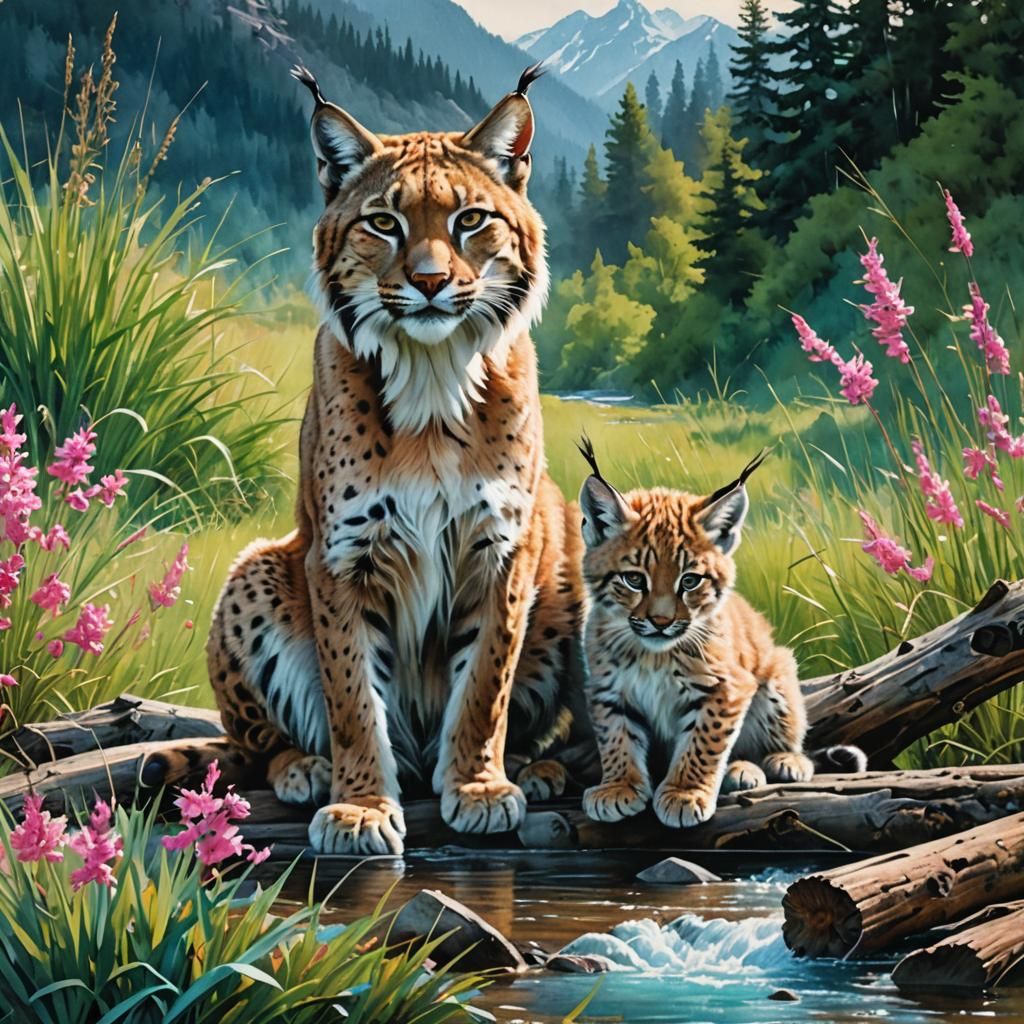 Lynx Mother and Kitten in Watercolor Landscape