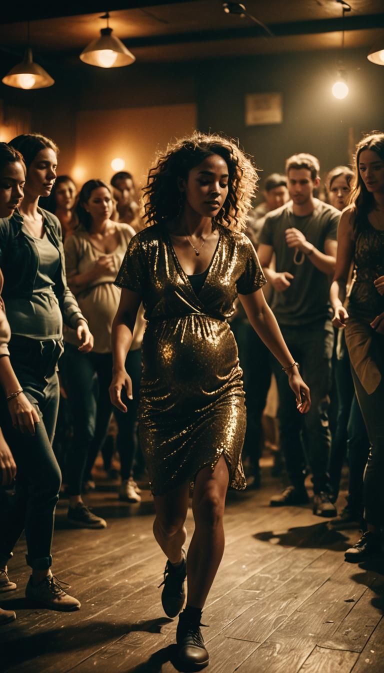 Pregnant Dancer in Crowded Club: Cinematic Film Still