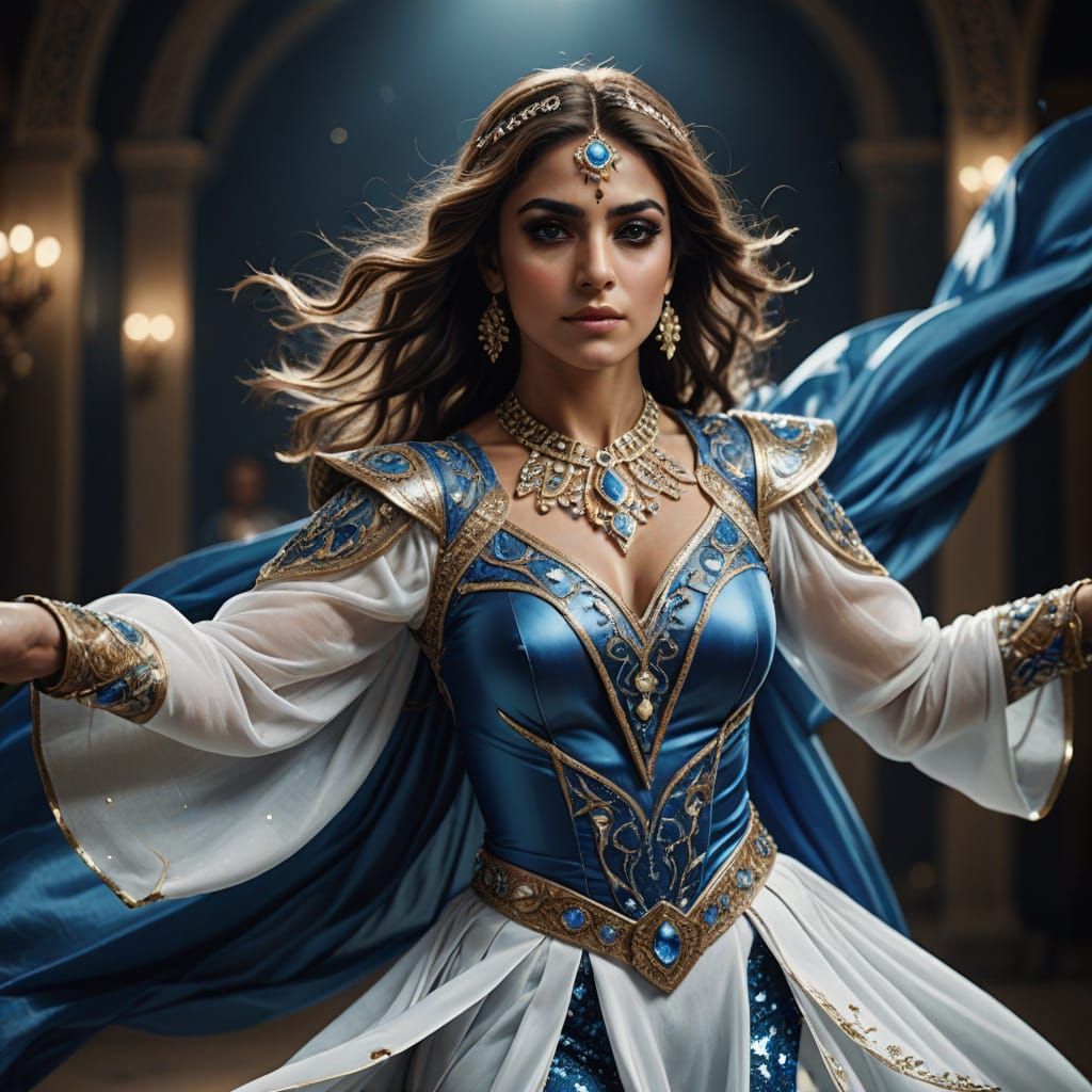 Iranian Superhero Dancer Poses in Jewel-Adorned Silk Costume
