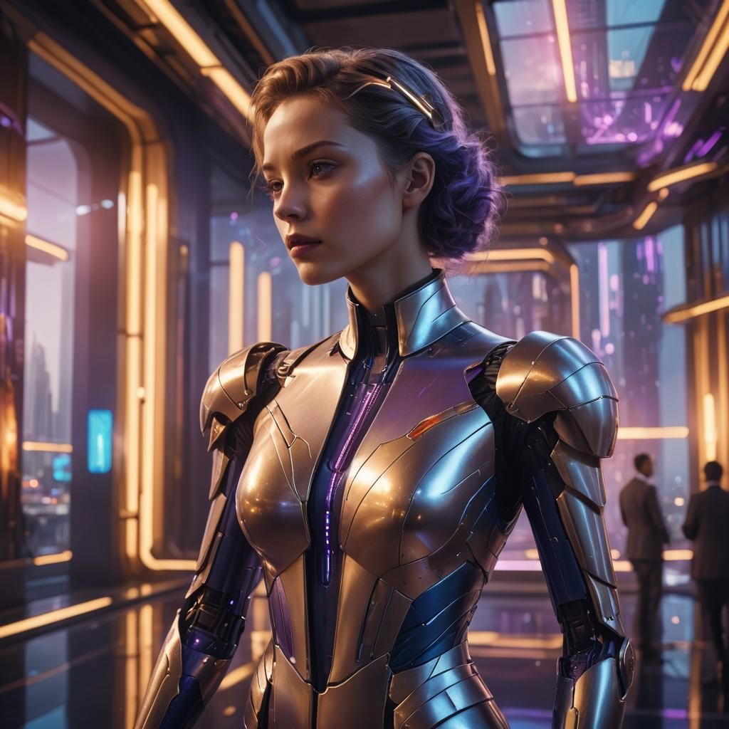 Android Lady in Futuristic Building, Digital Matte Painting