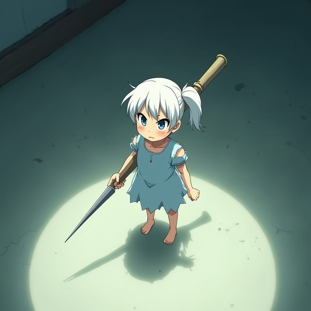 Tiny Anime Girl Defiantly Wields Oversized Needle in Vast Ro...