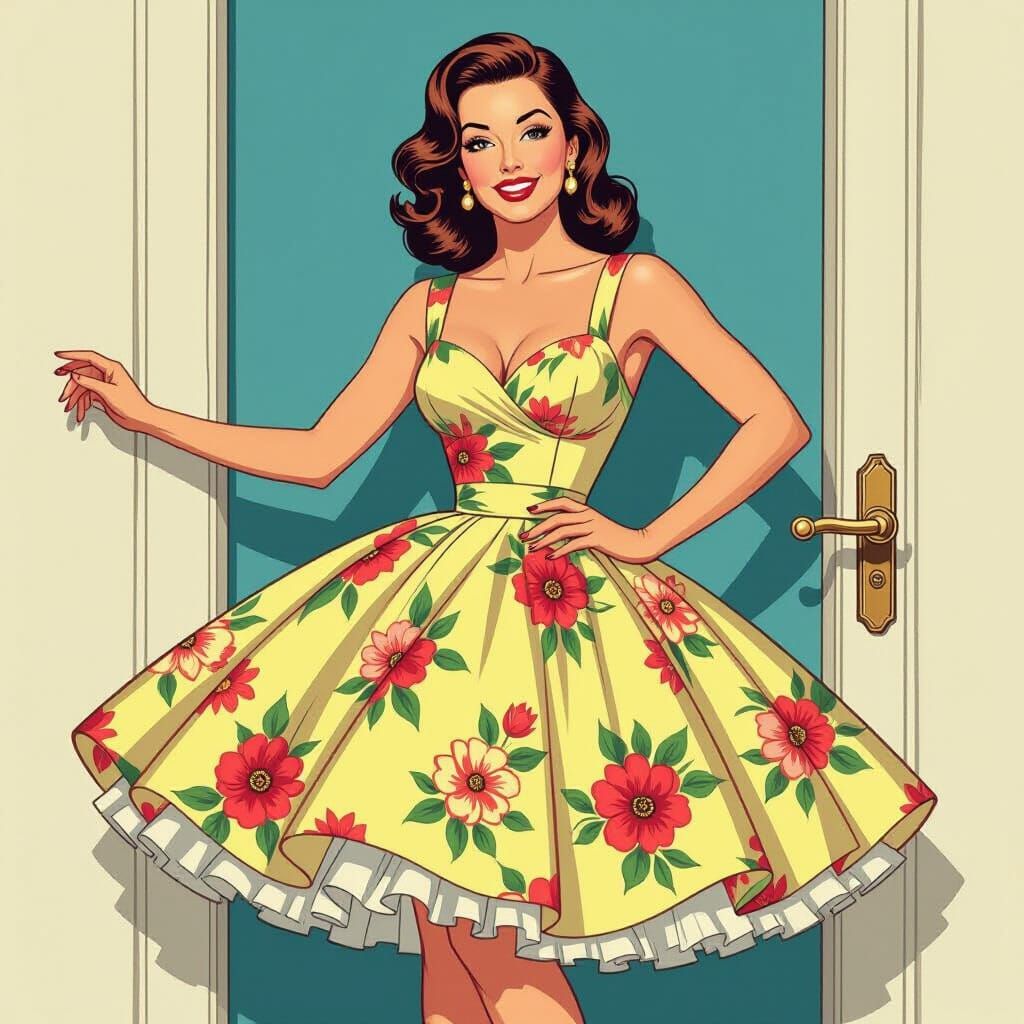 1950s Pin-Up Woman Entangled with Doorknob, Illustrative Sty...