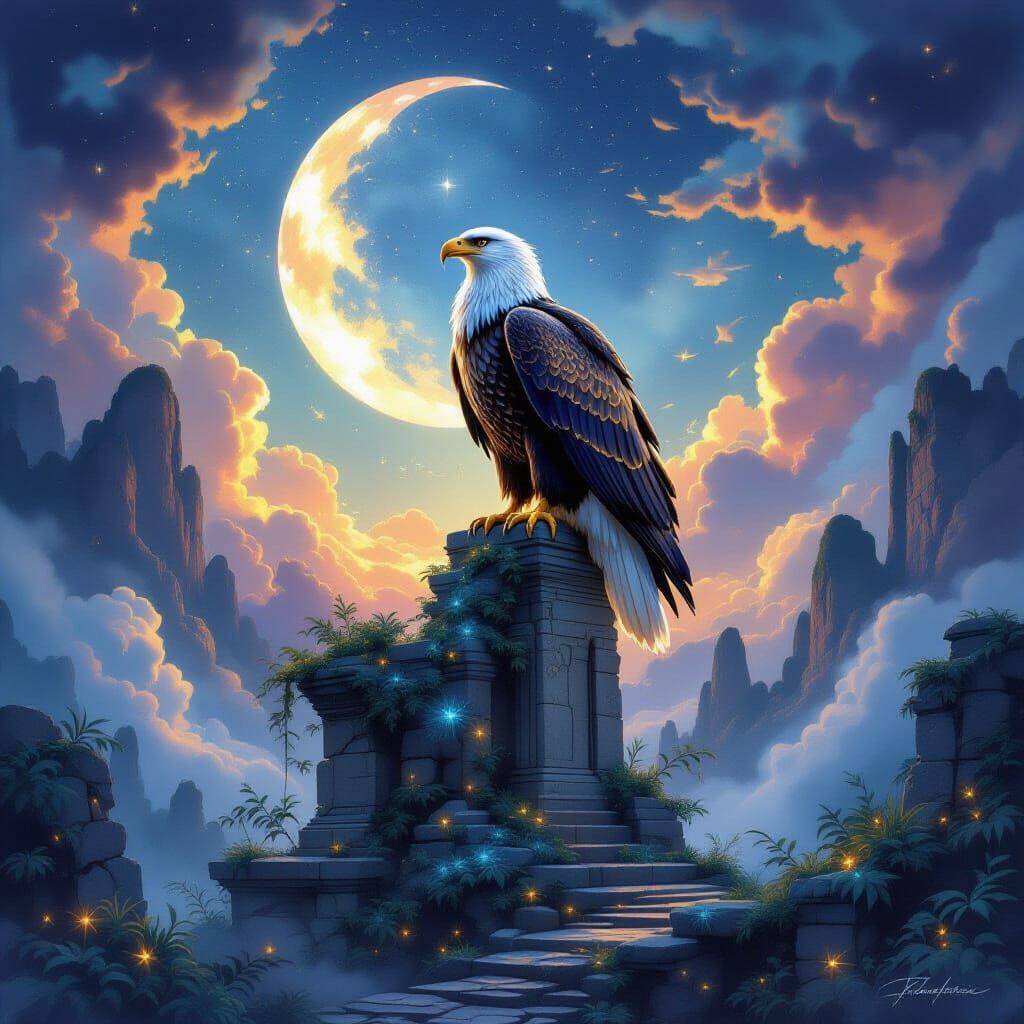Golden Eagle on Ruin Under Twin Moons