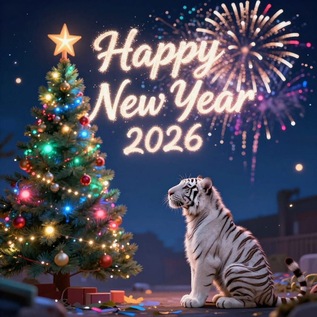 White Tiger Cub Celebrates New Year with Fireworks