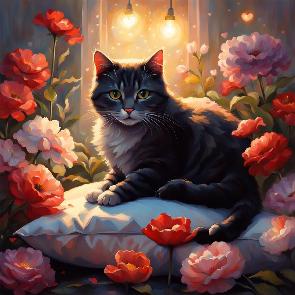 Cat Surrounded by Flowers Digital Fantasy Art