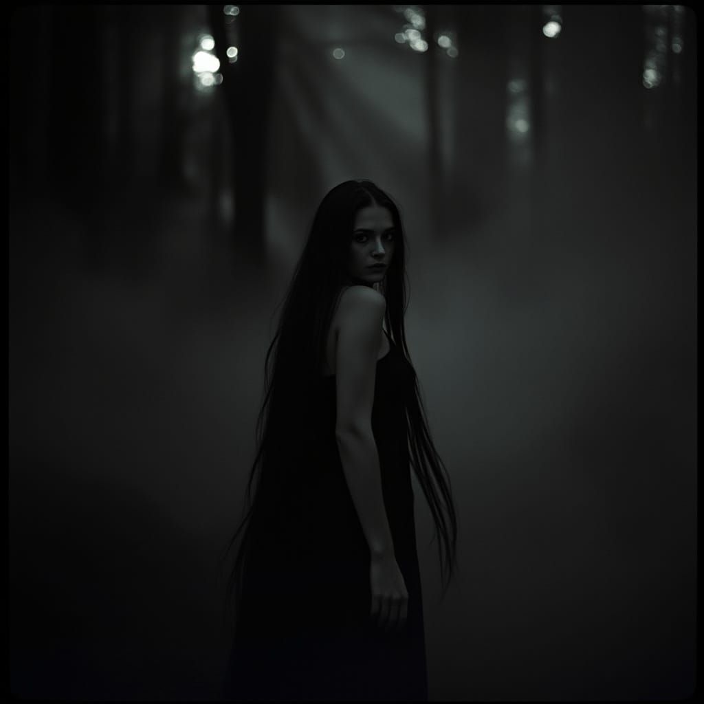 Ethereal Woman in Dark Forest, Black and White Grainy Style