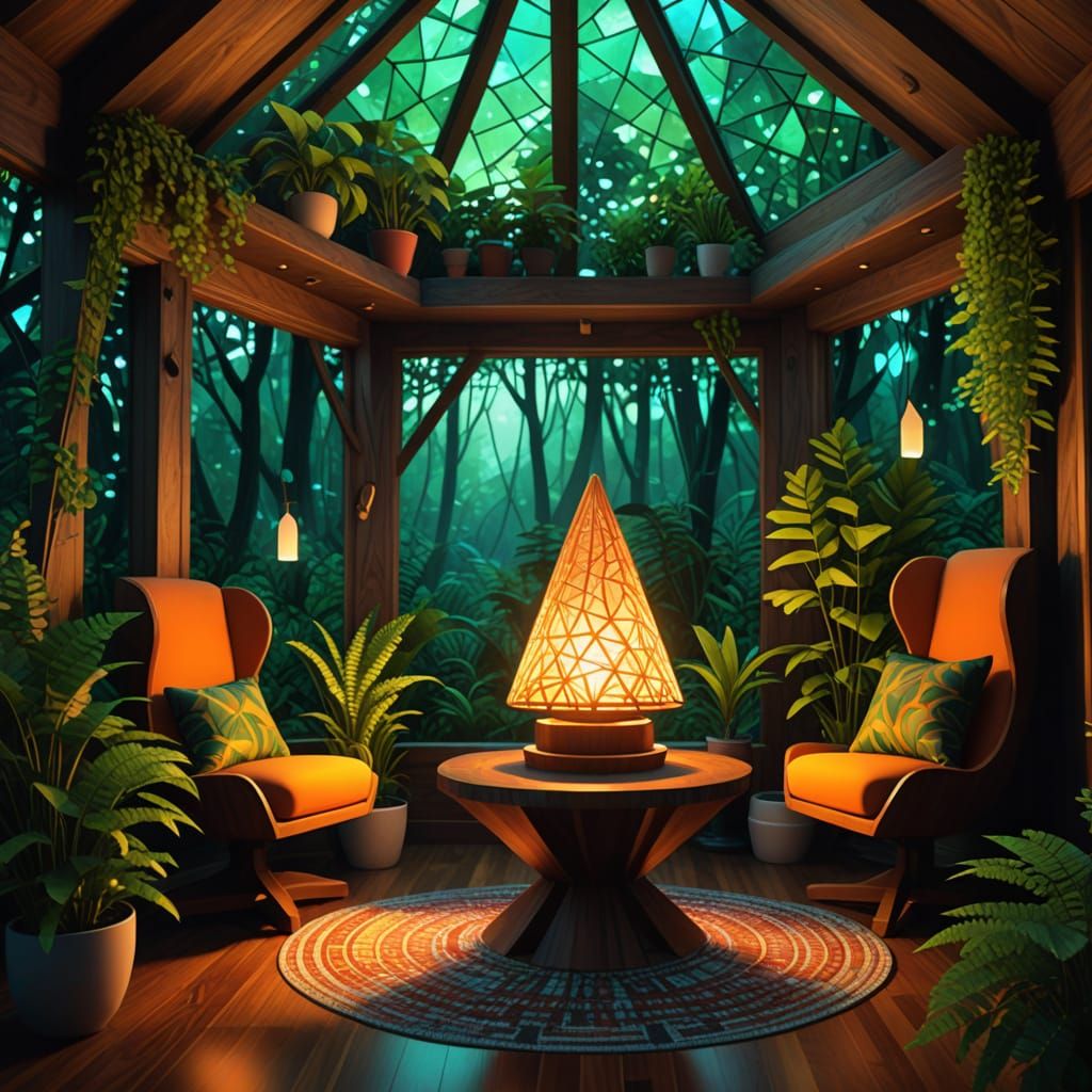 Surreal Treehouse Sitting Room with Luminous Pedestal