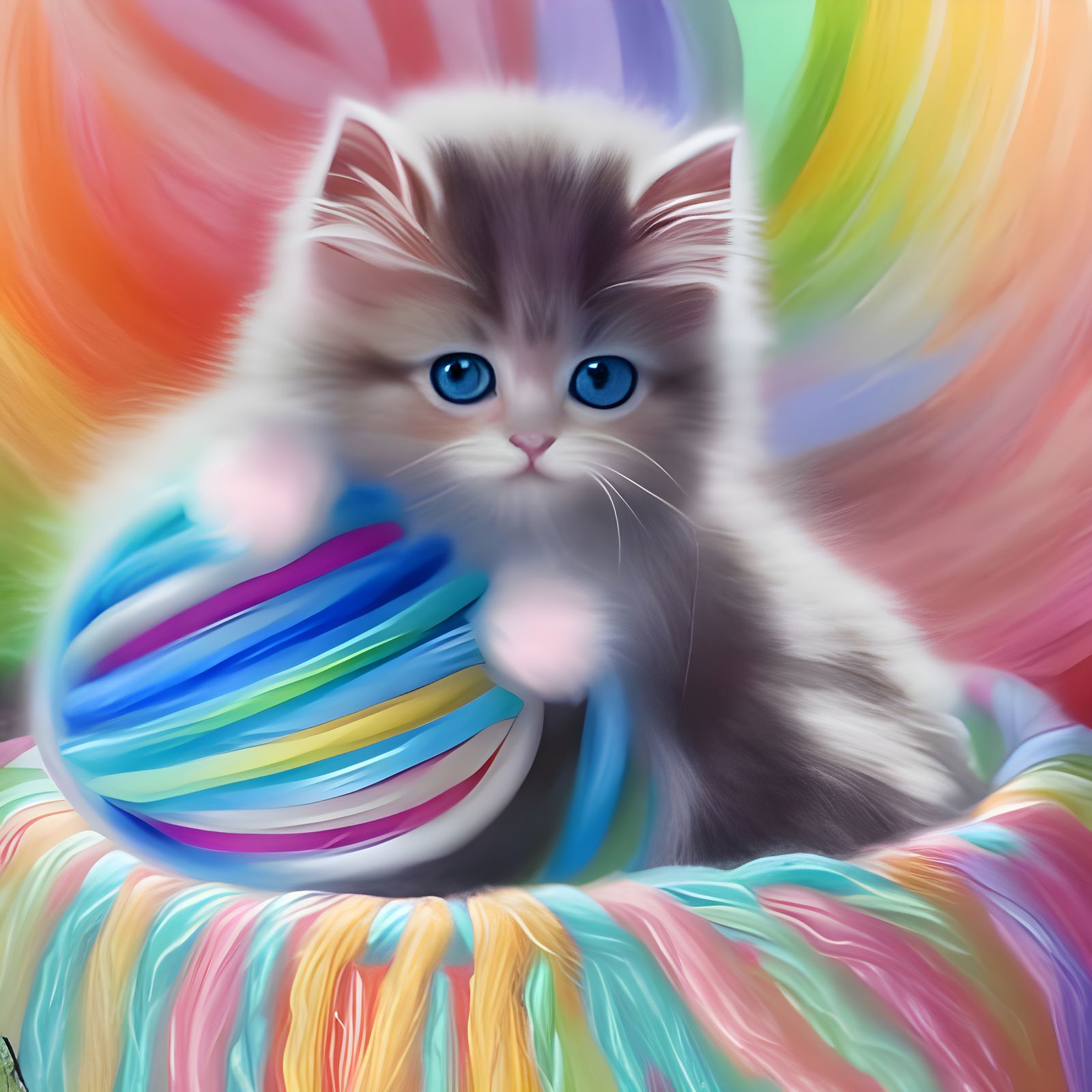 Persian Kitten with colorful rainbow yarn ball