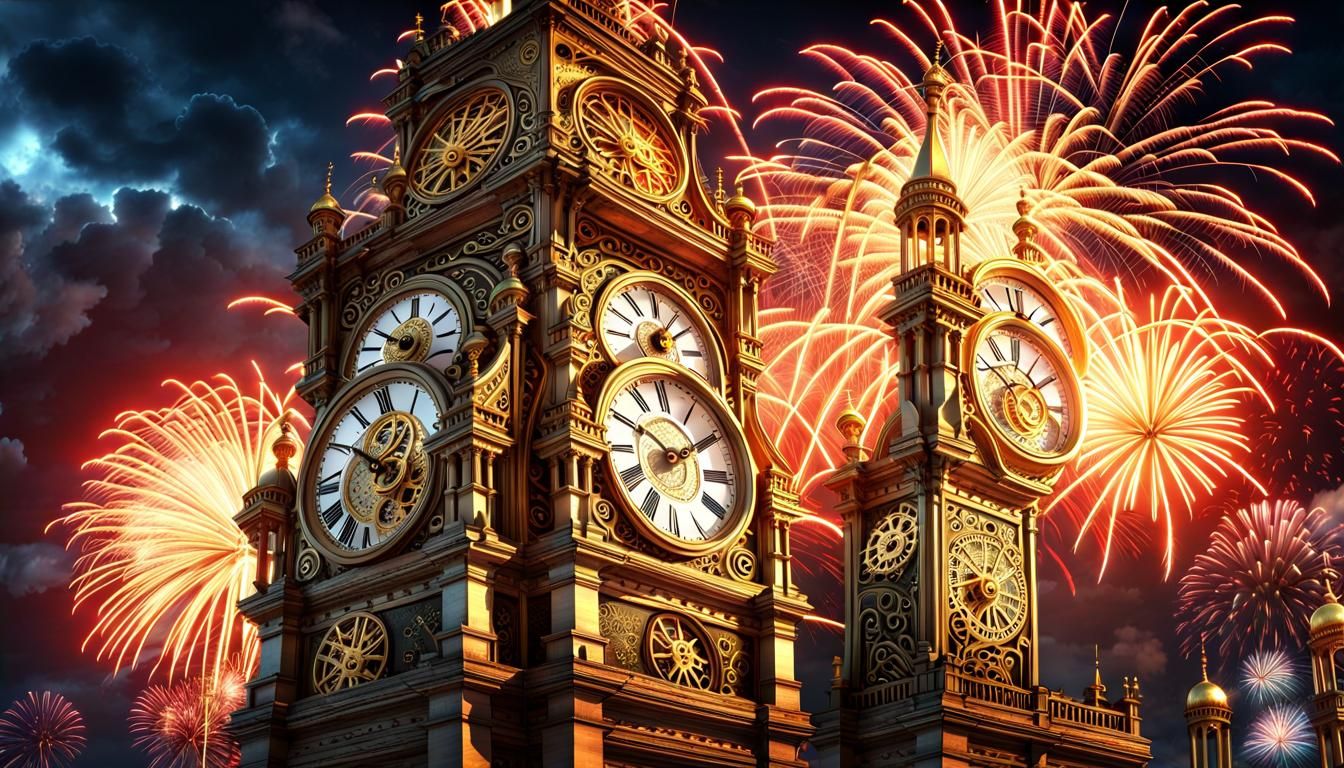 Ornate Steampunk Clock Tower with Fireworks