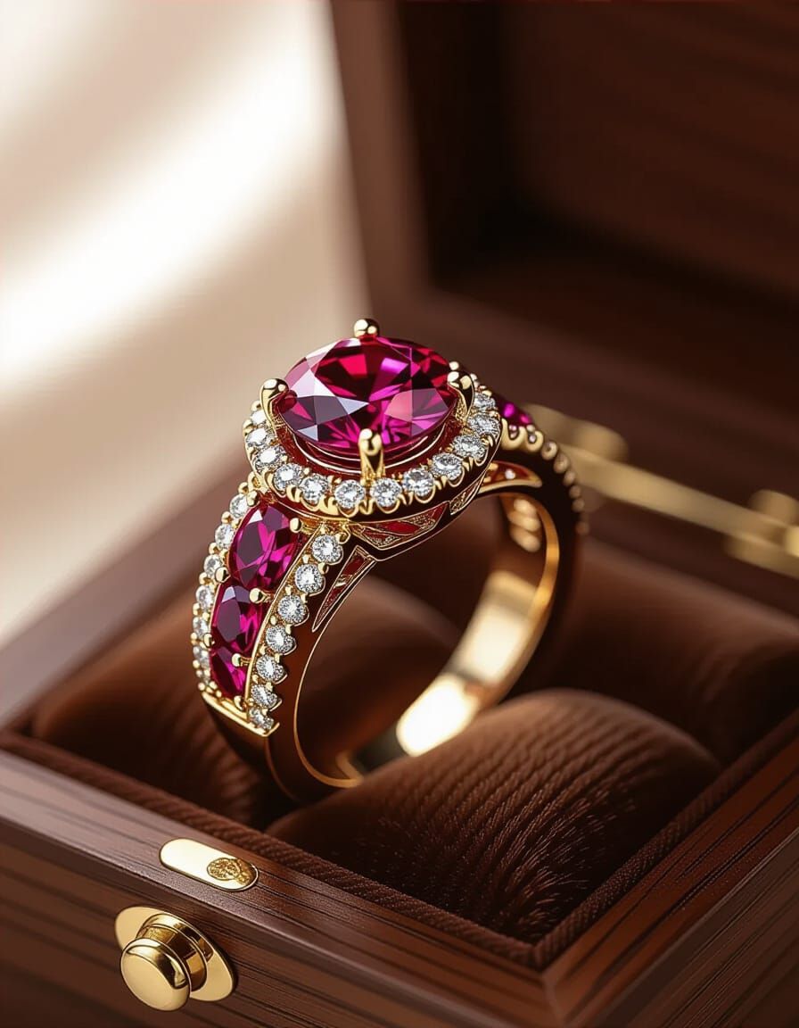Intricate Ruby and Diamond Wedding Ring in 3D Style