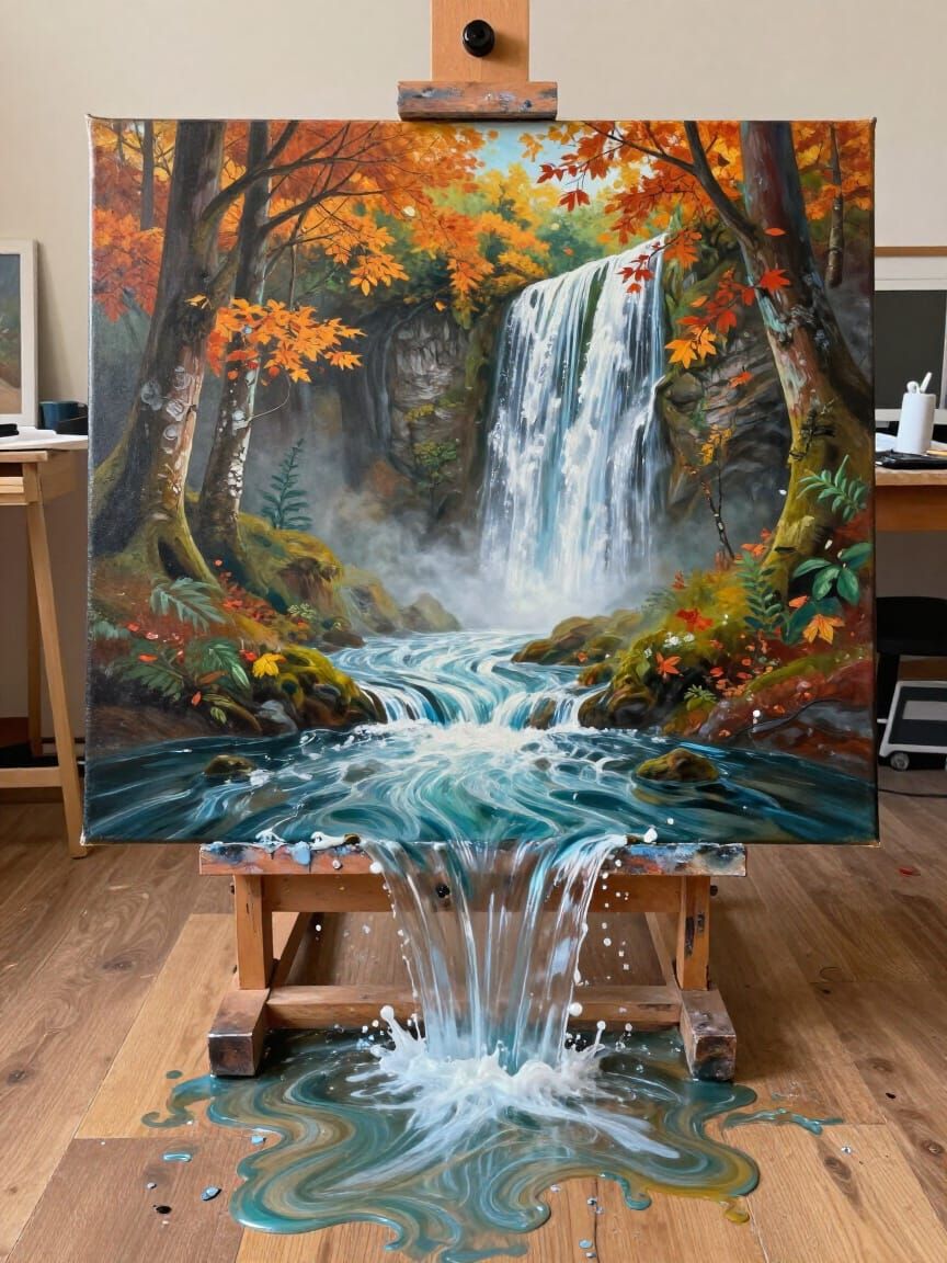 Magical Autumn Forest Painting With Flowing River Art