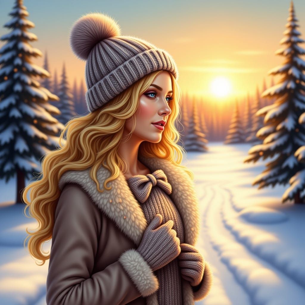 Woman in Snowy Forest at Golden Hour
