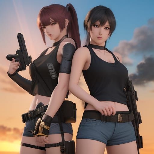 Anime Women with Guns in Golden Hour Lighting