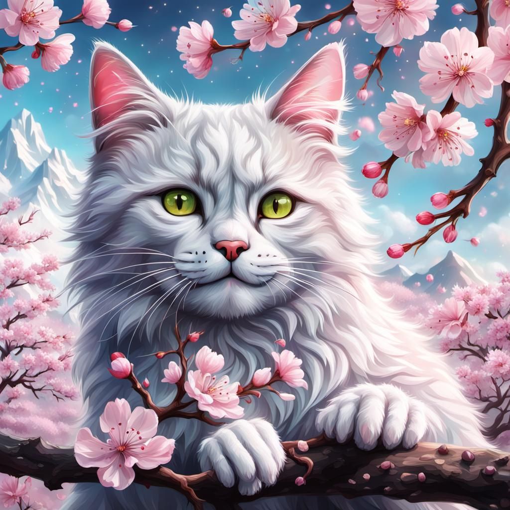 Crystal Cat Smiles Among Cherry Blossoms
