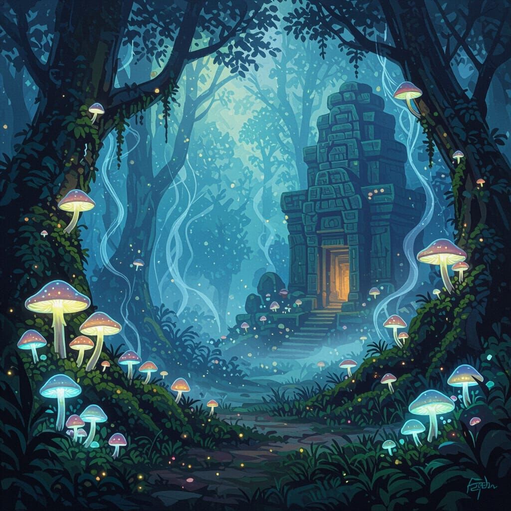 Bioluminescent Forest Twilight with Ancient Temple