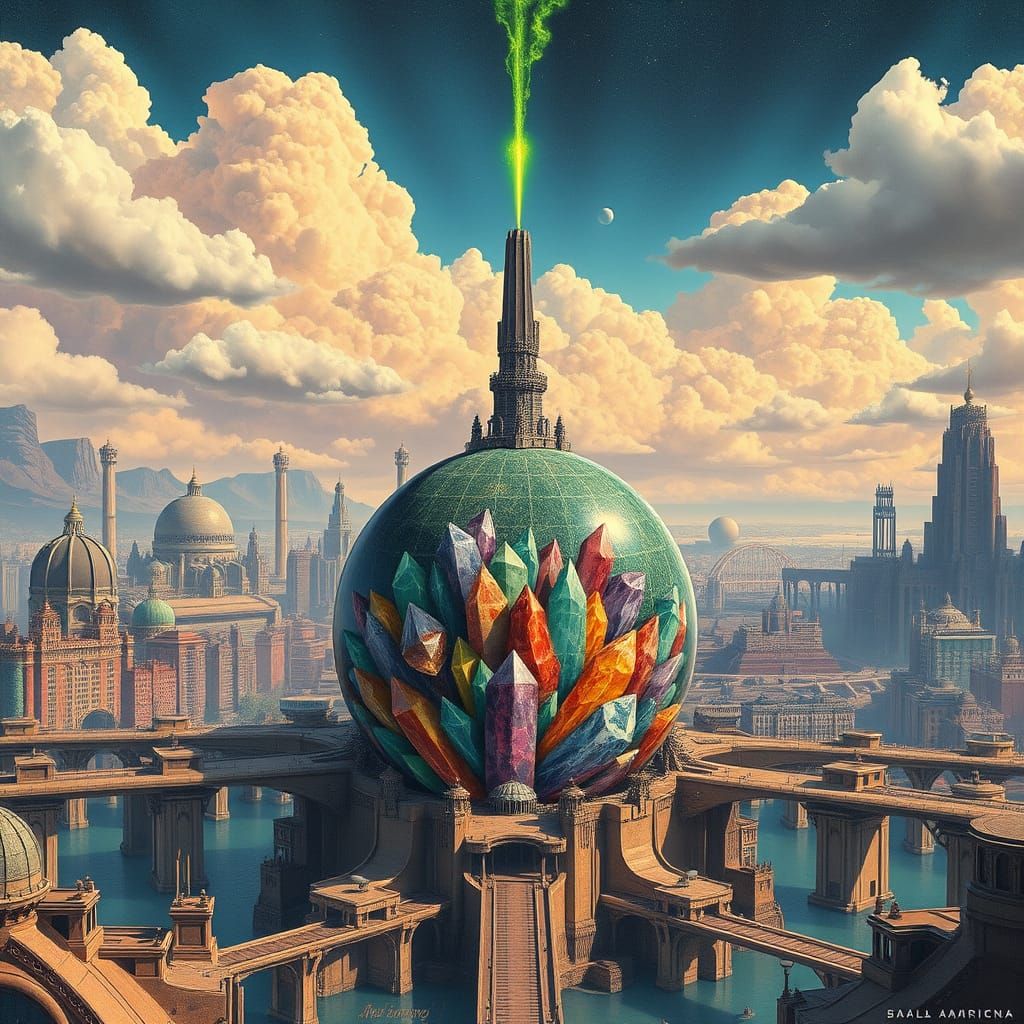 Futuristic Cityscape with Crystal Sphere and Cloudy Cosmic S...