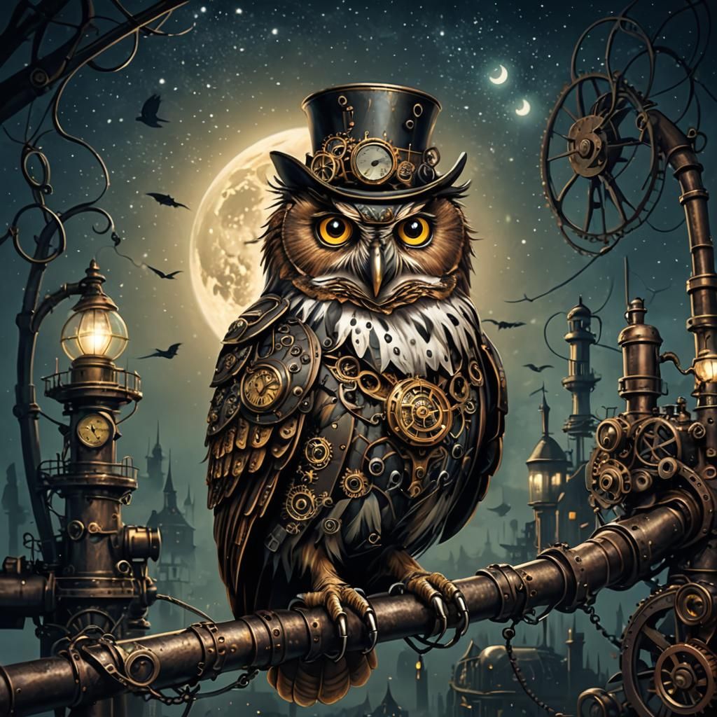 Steampunk Owl with Top Hat at Night