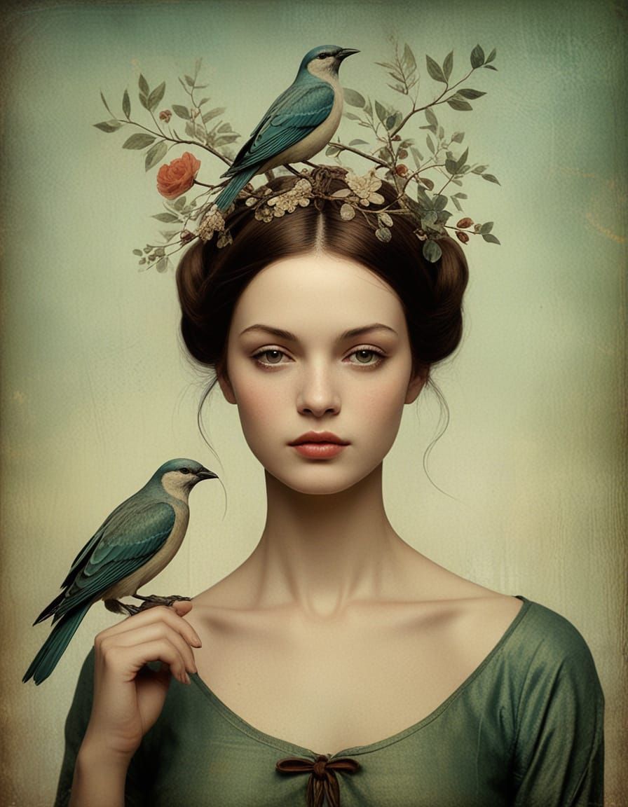 Bird-Woman Portrait in Collage Art Style