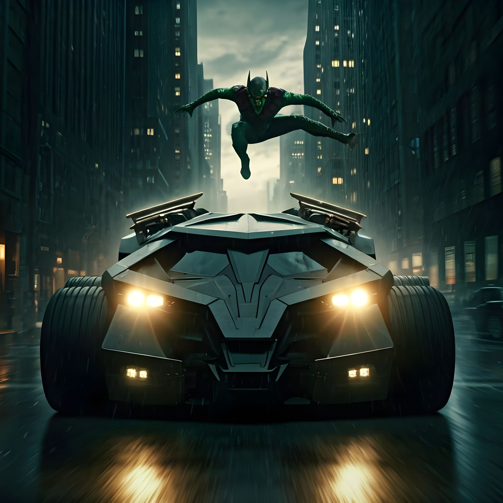 Batmobile Chasing Green Goblin in Gotham