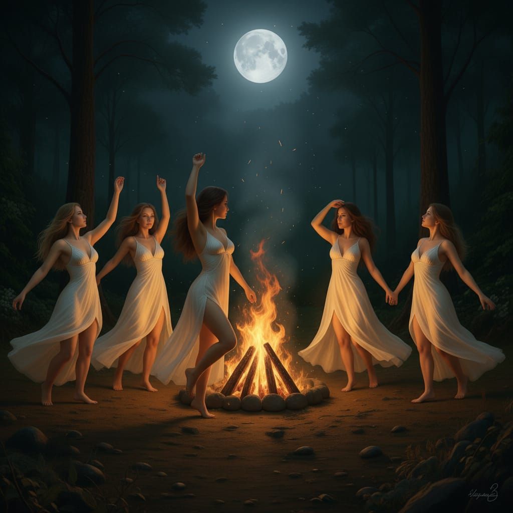 Witches Dancing Around a Fire Under the Full Moon