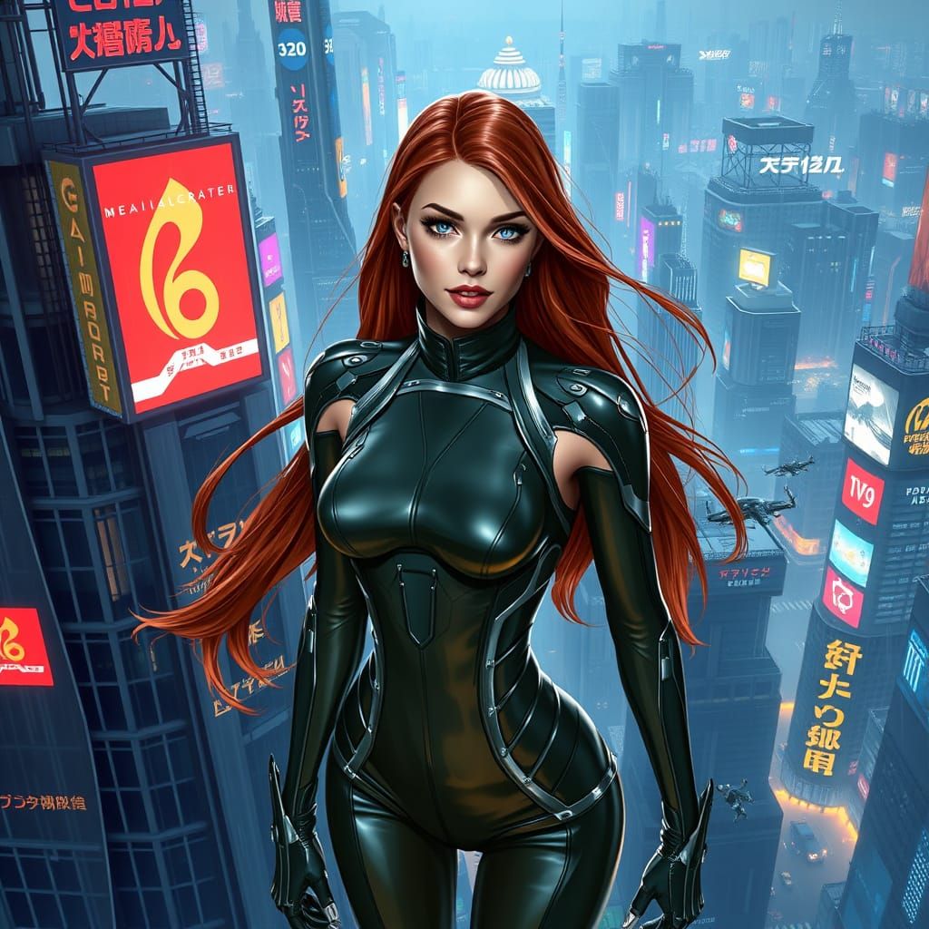 Cyberpunk Woman on Skyscraper in Futuristic Cityscape