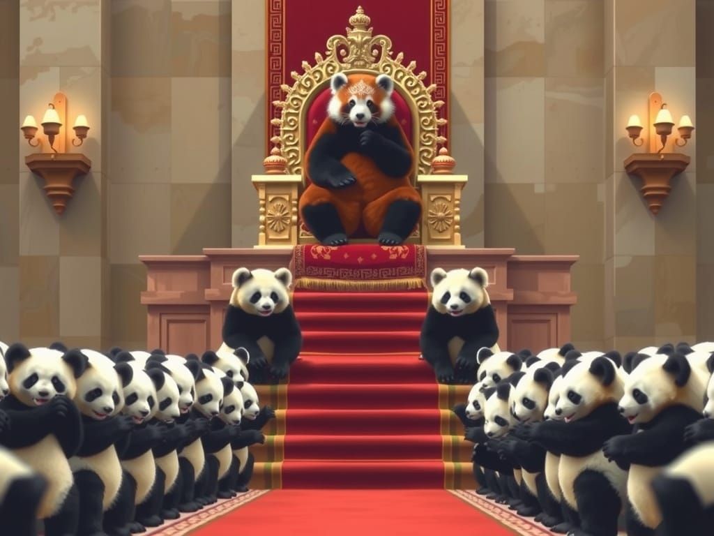 Pandas Bow to Red Panda Emperor on Imperial Throne