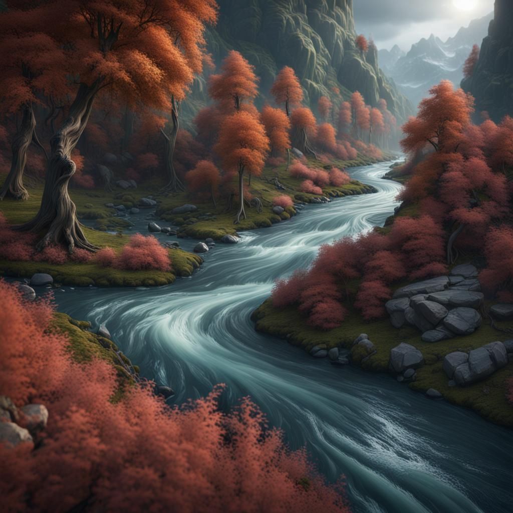 Swirling River Salmon: Detailed Matte Painting