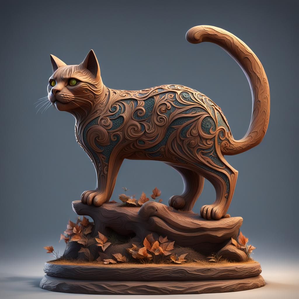 Whittled Wooden Cat Carving: Detailed Matte Painting