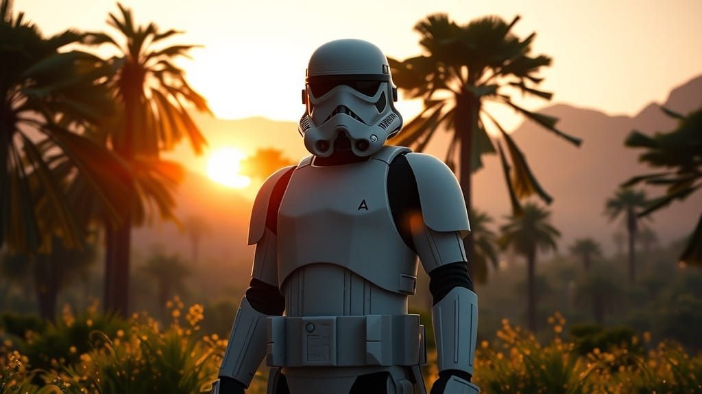 Heroic Finn in First Order Armor Against Sunset Background