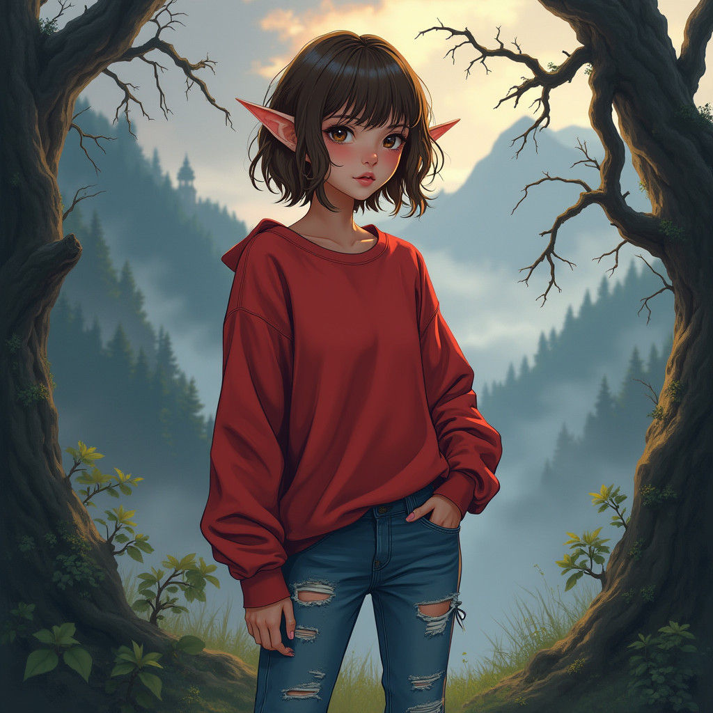 Anime Elf Girl in Dreamy Fantasy Landscape