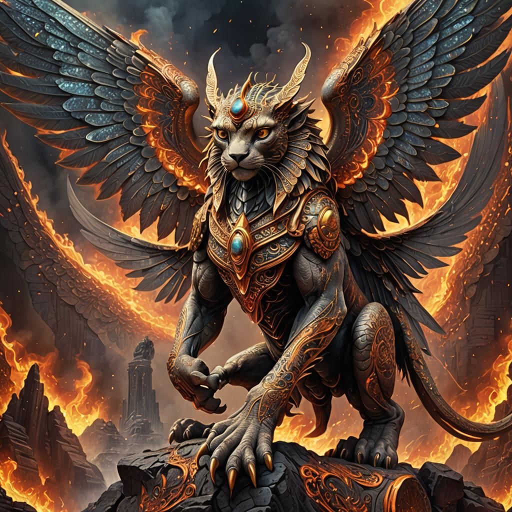 Fiery Winged Sphinx in Detailed Graffiti Art