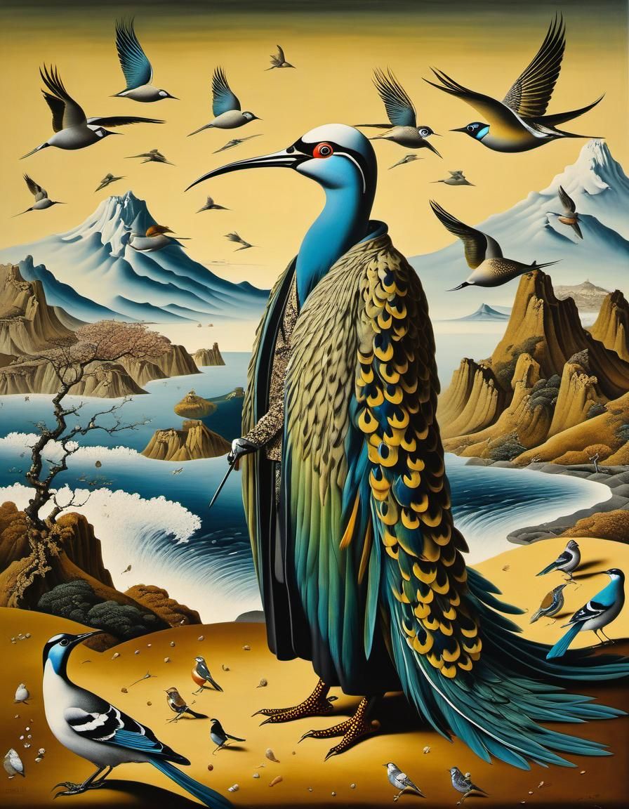 Birds with Sartorial Plumage in Surreal Landscape