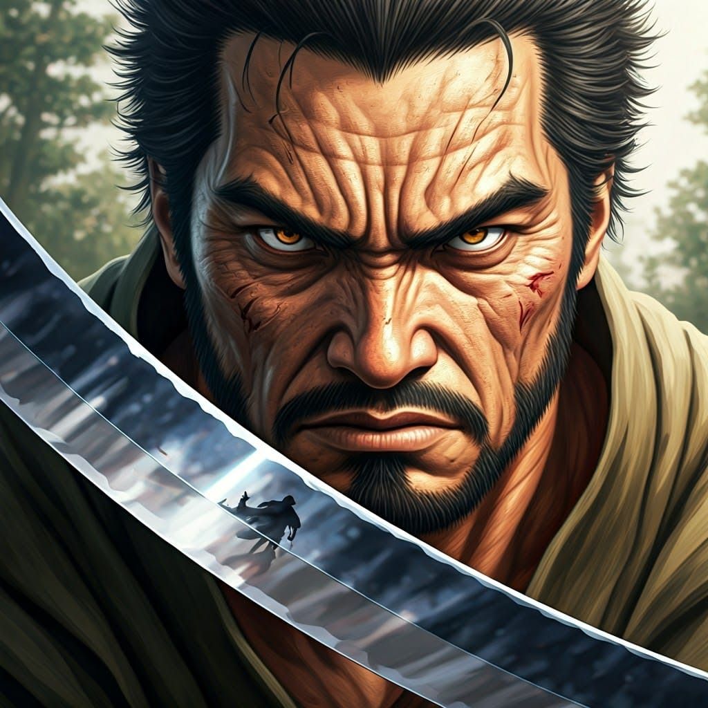 Fierce Samurai Face Reflecting Opponent in Anime Style