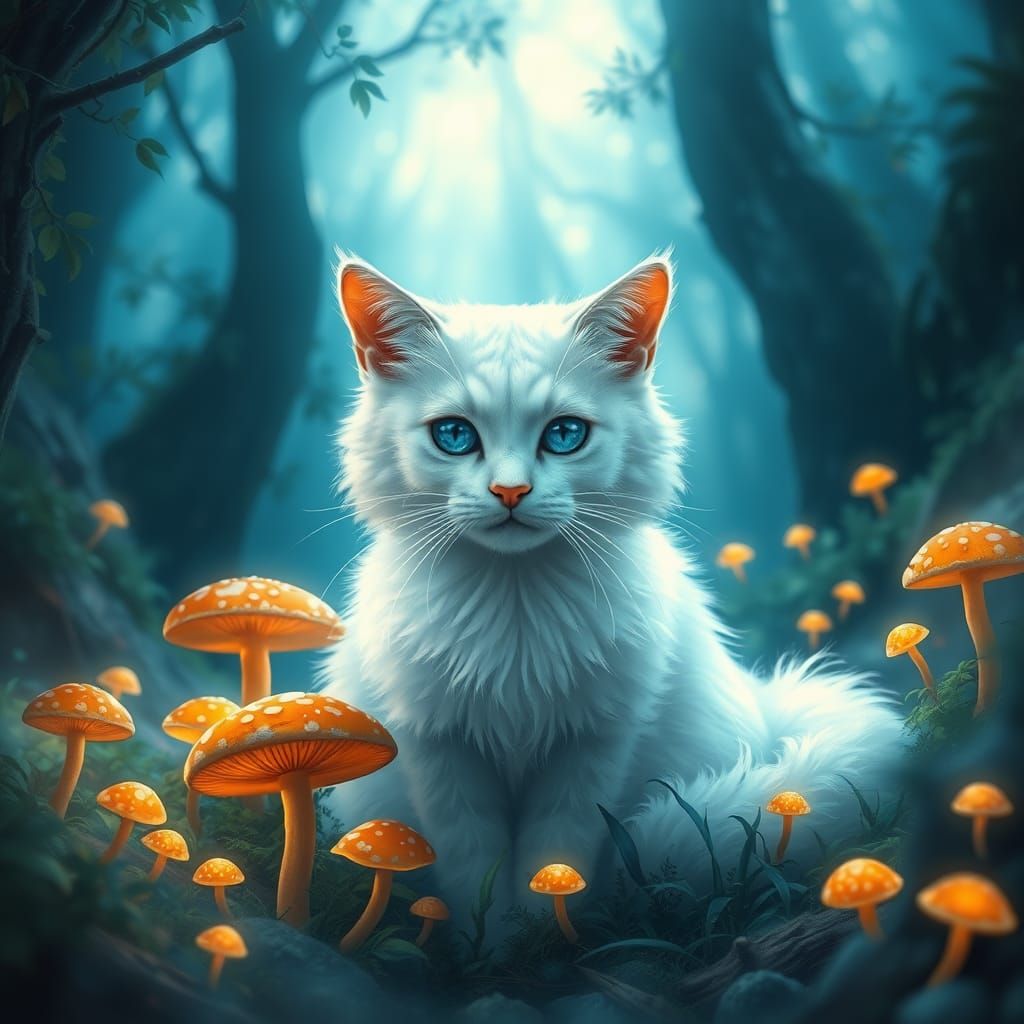 Regal White Cat Surrounded by Mystical Forest