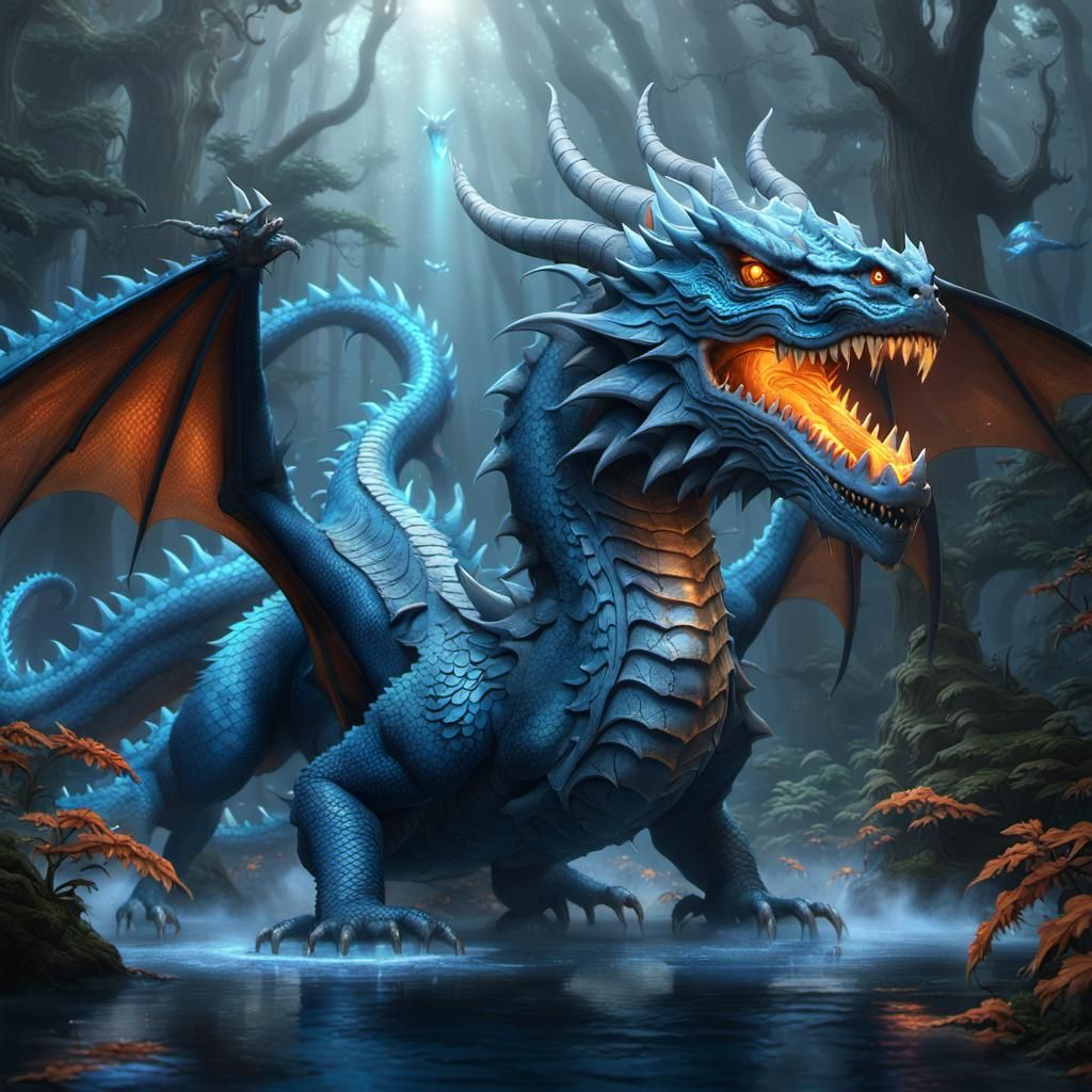 Blue Dragon in Misty Forest: 3D Digital Art