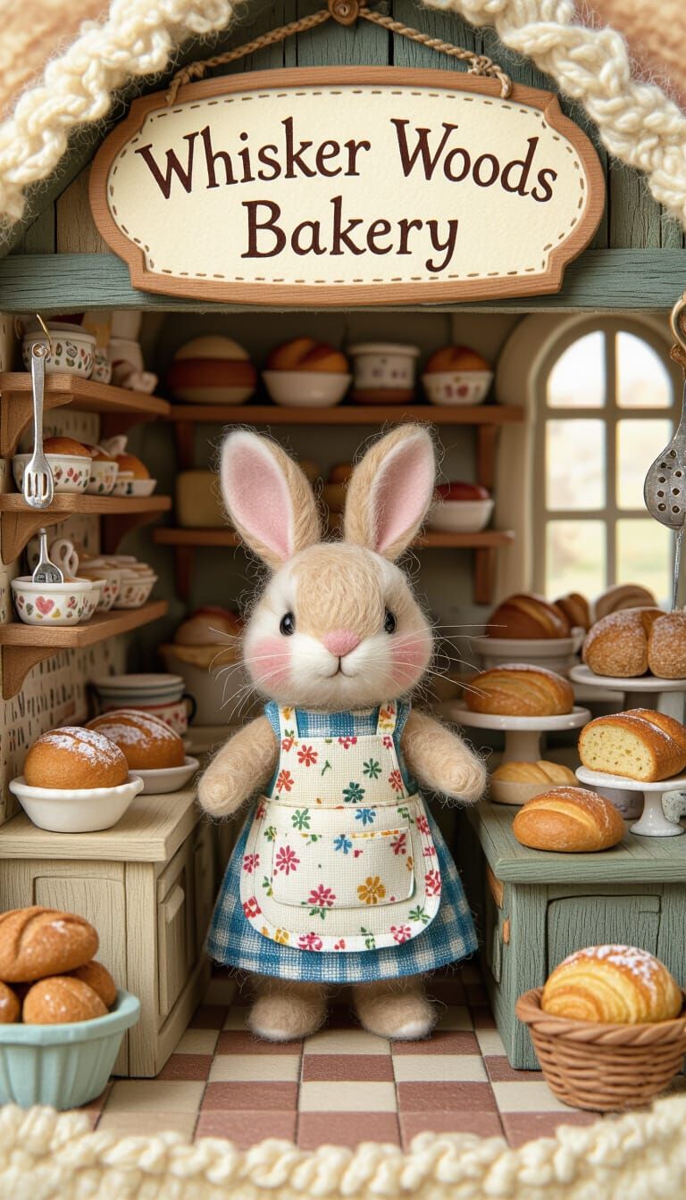 Felted Bunny in Whimsical Village Bakery
