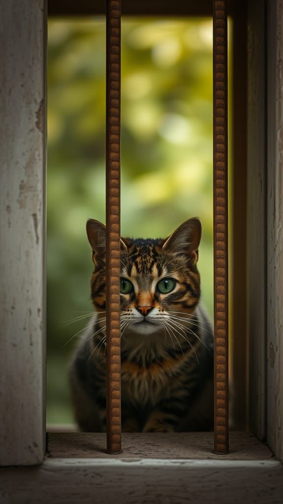 Whiskered Captive Peers Through Window Bars
