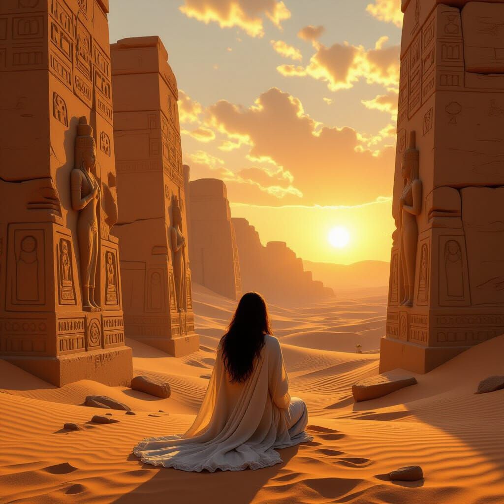 Female Traveler Kneels Before Ancient Desert Carvings
