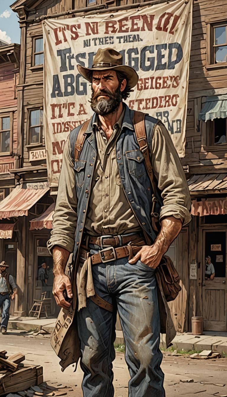 Rugged Man with Banner in Western Town, Hyper-Realistic