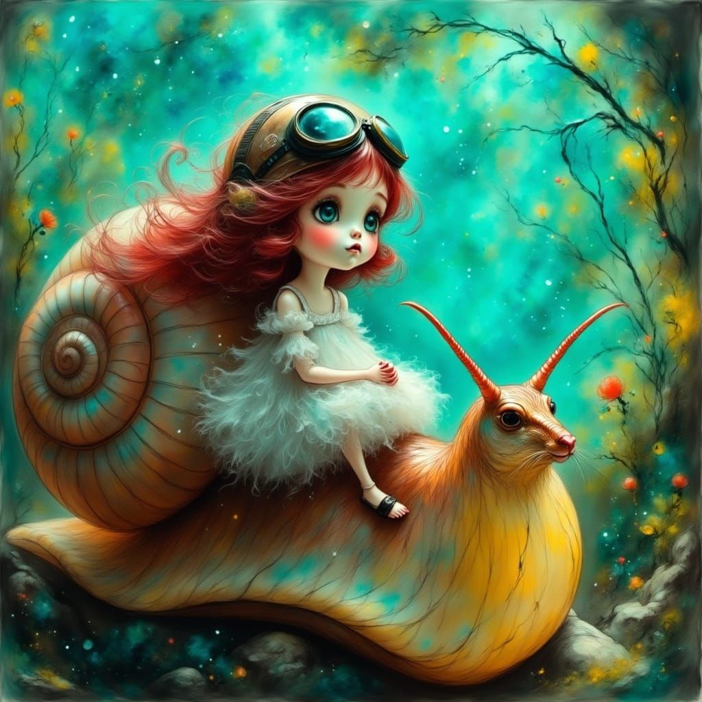 Enchanted Garden Scene with Snail and Whirlwind of Red Hair