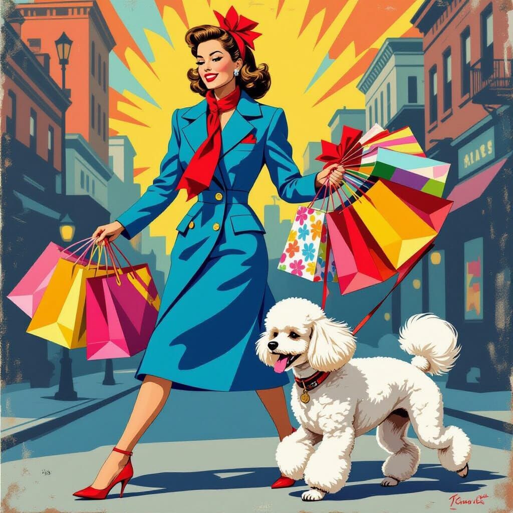 Mid-Century Woman With Poodle and Gift Bags