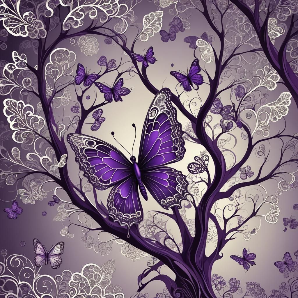 Purple Butterfly on Tree in Abstract Vector Style