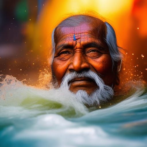 Hyperrealistic Naga Baba in Ganges River