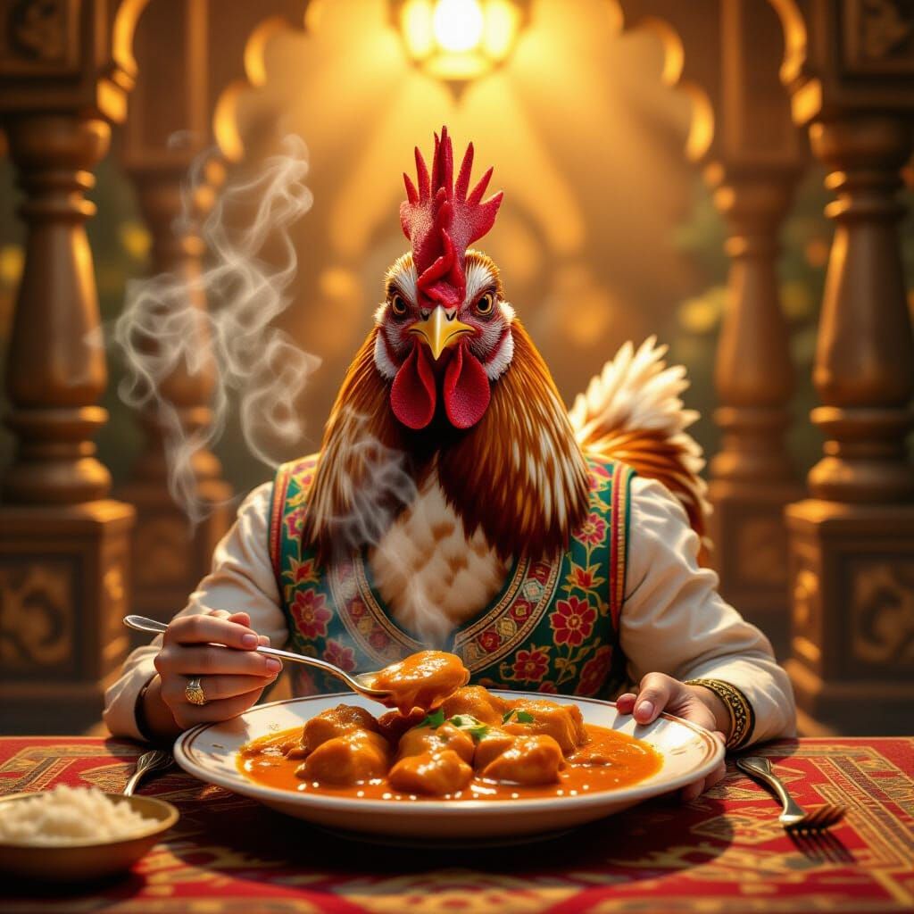 Chicken Enjoys Butter Chicken in Vibrant Indian Setting