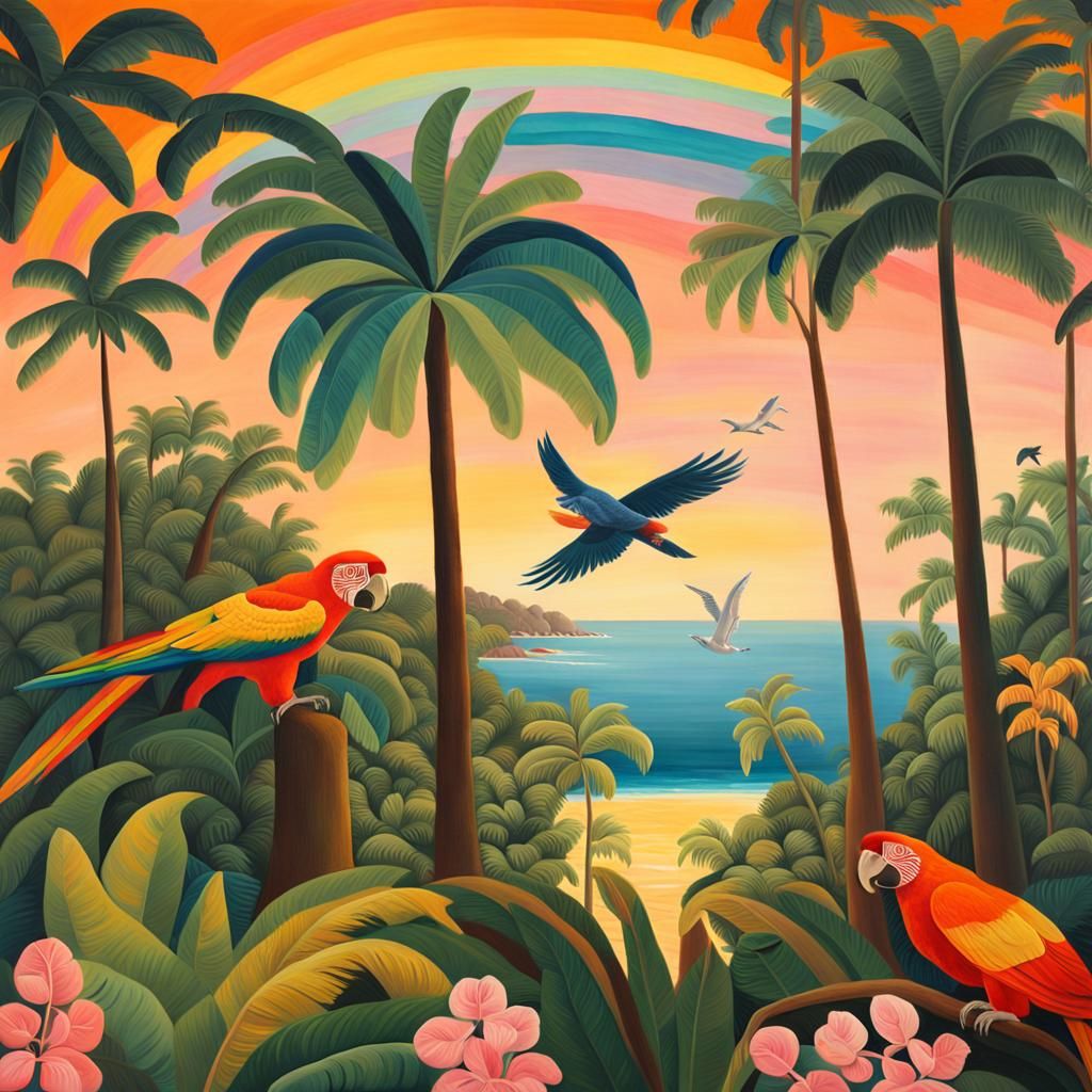 Tropical Beach Scene in Naive Art Style