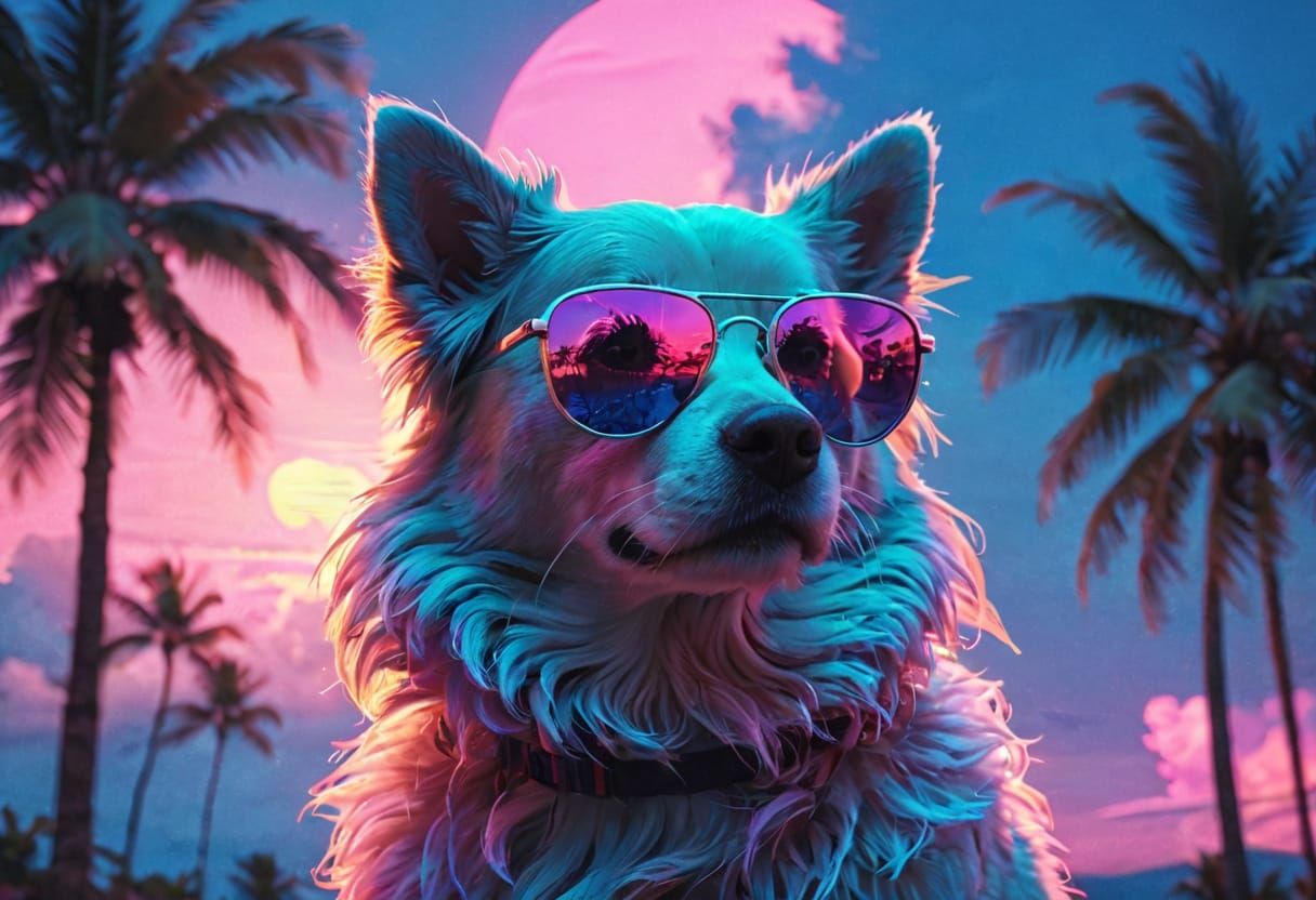 Vaporwave Dog in Hawaii, Retro Futuristic Style