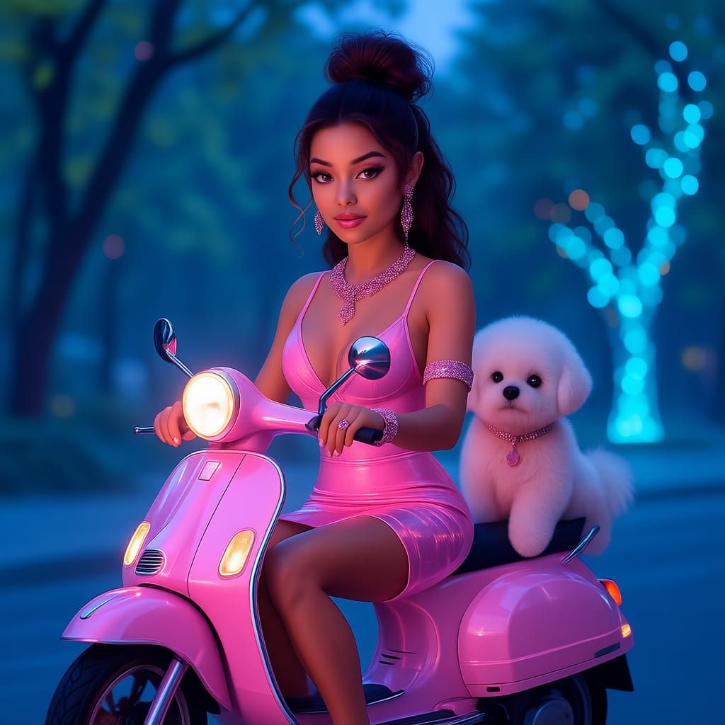 Woman Rides Glowing Scooter with Neon Puppy
