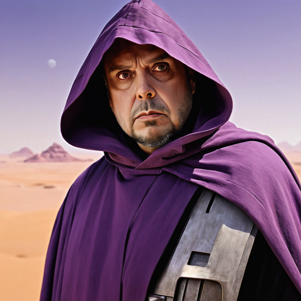 Portrait of a Master Jedi in Star Wars, Tatooine, with Purpl...