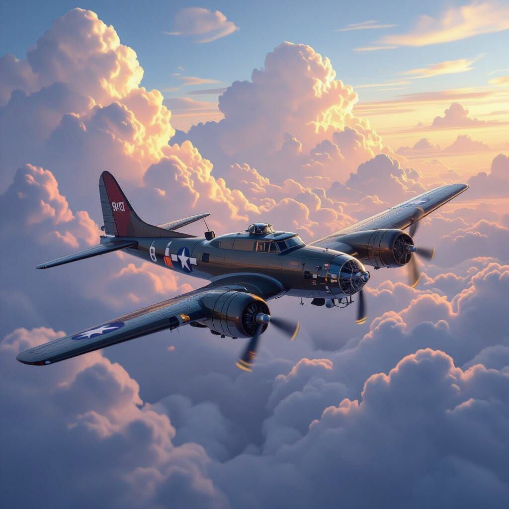 B-17 Bomber in Fantastical Cloudscape, Concept Art Style